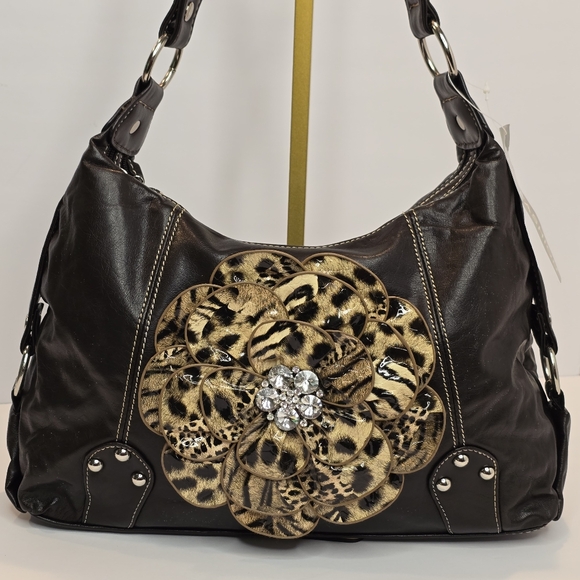 Chocolate Brown Vegan Leather Patent Animal Print Flower Bling Shoulder Bag - Picture 1 of 16